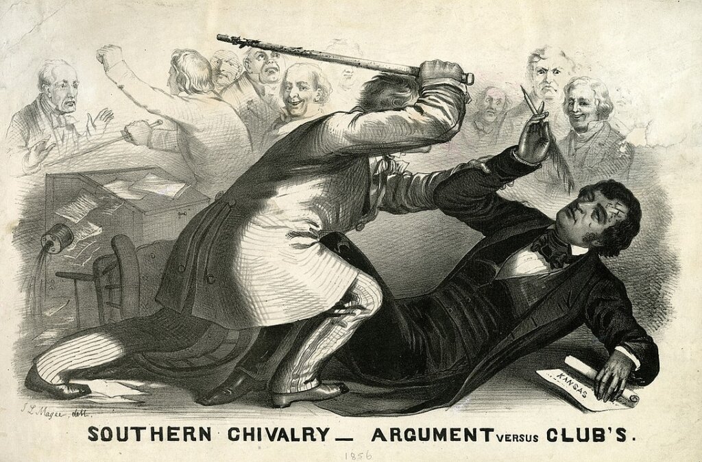 A political cartoon of a man attacking another man with a cane.