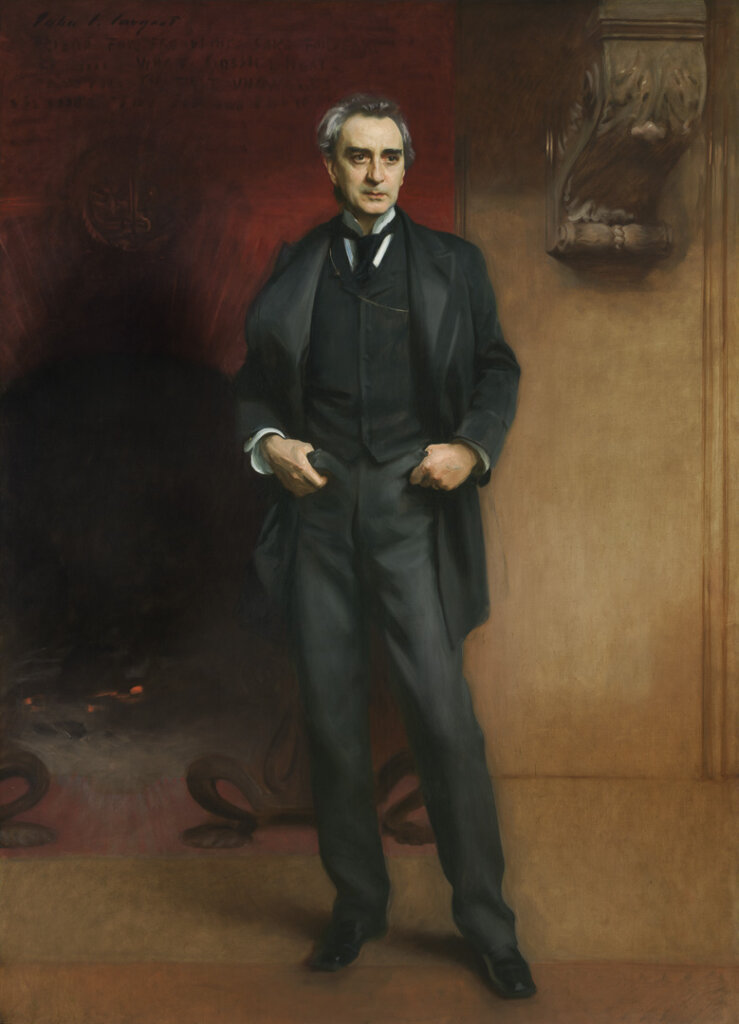 A dark painting of a man standing with his hands in his pockets