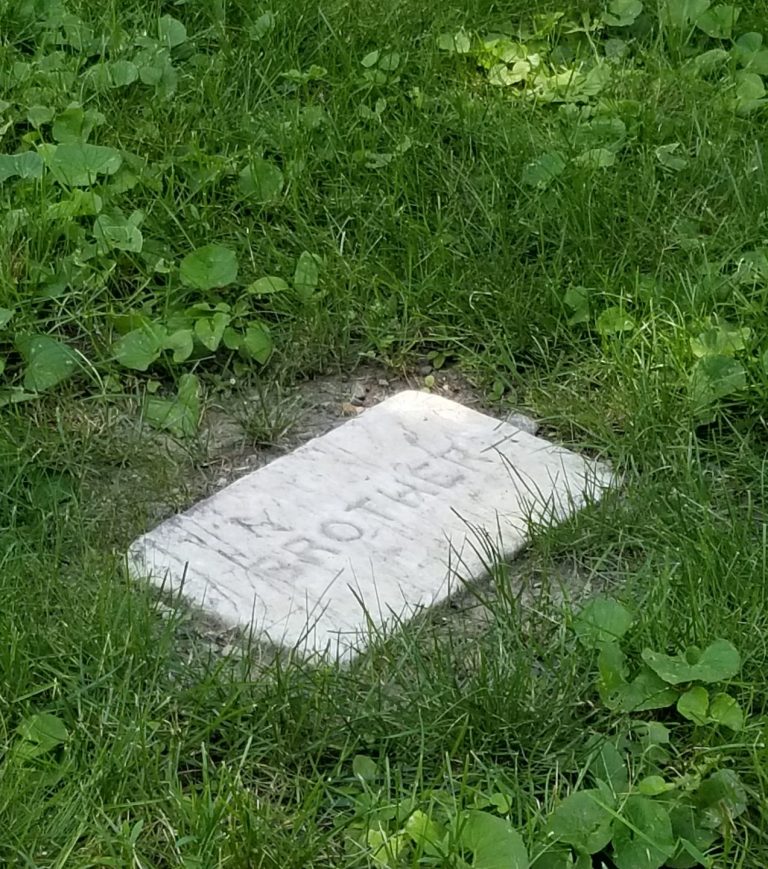A flat marble gravestone surrounded by grass with the word "Brother" carved into it. 