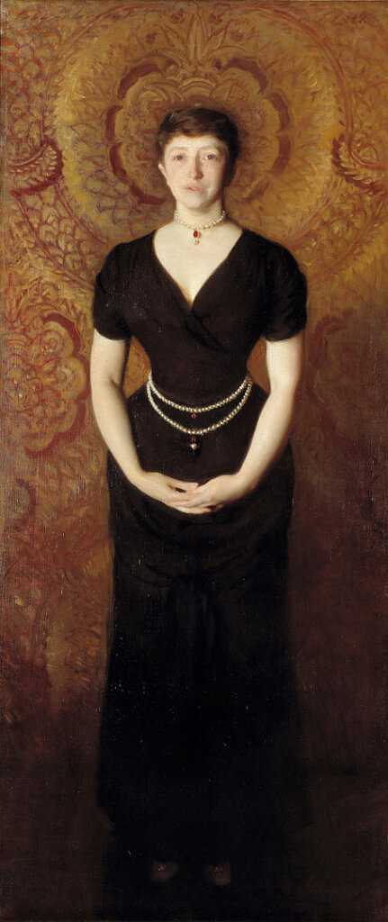 A painted portrait of a young woman in a black dress with a golden background