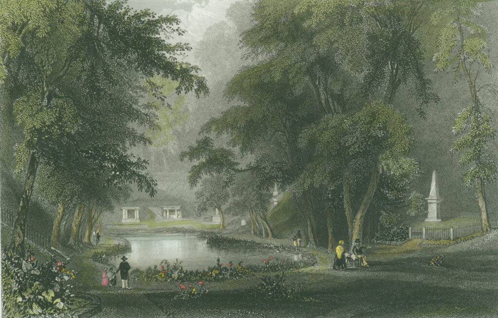 A historic illustration of a lush landscaped cemetery. People in the foreground are walking.