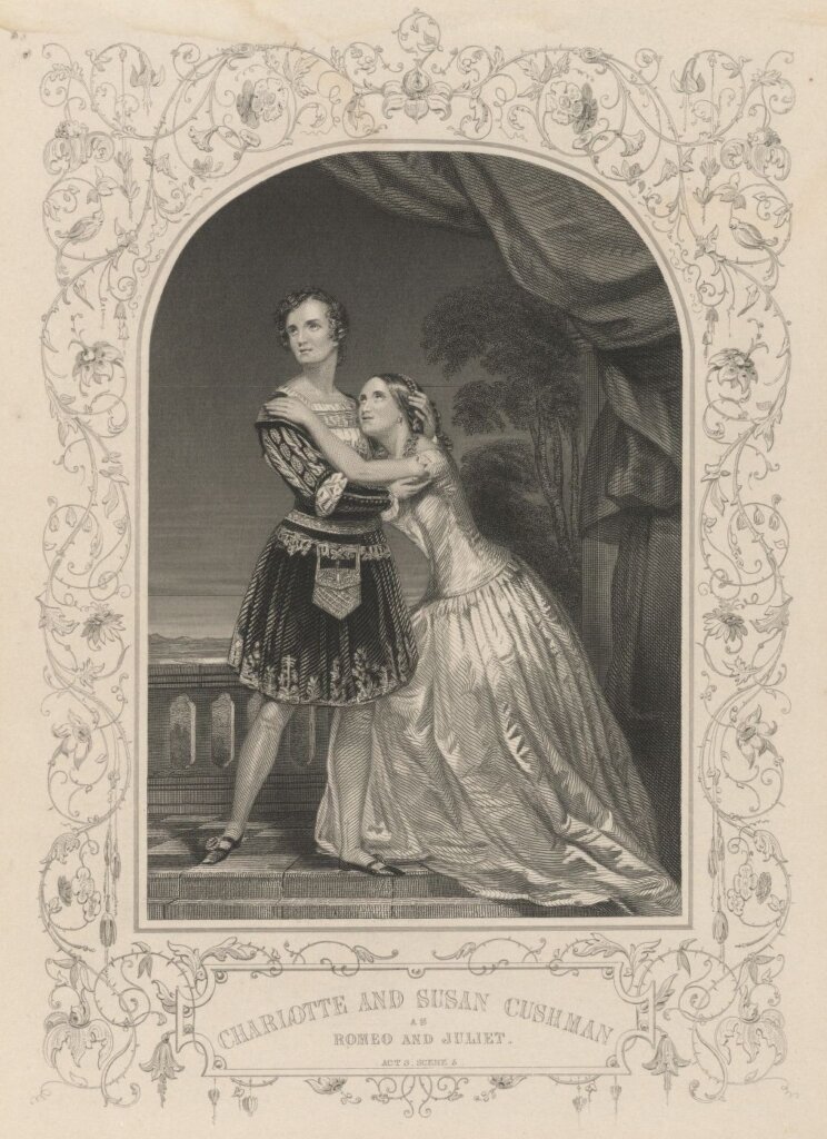 An engraving of two women as Romeo and Juliet on a stage