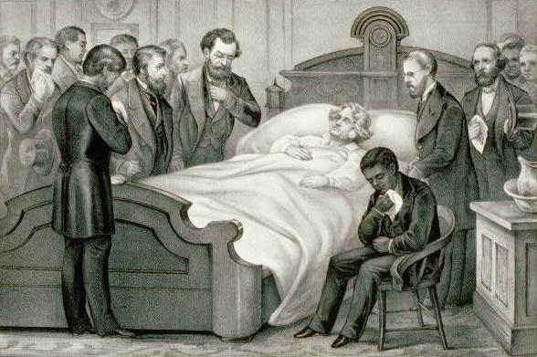 An illustration of an older man in his deathbed surrounded by people