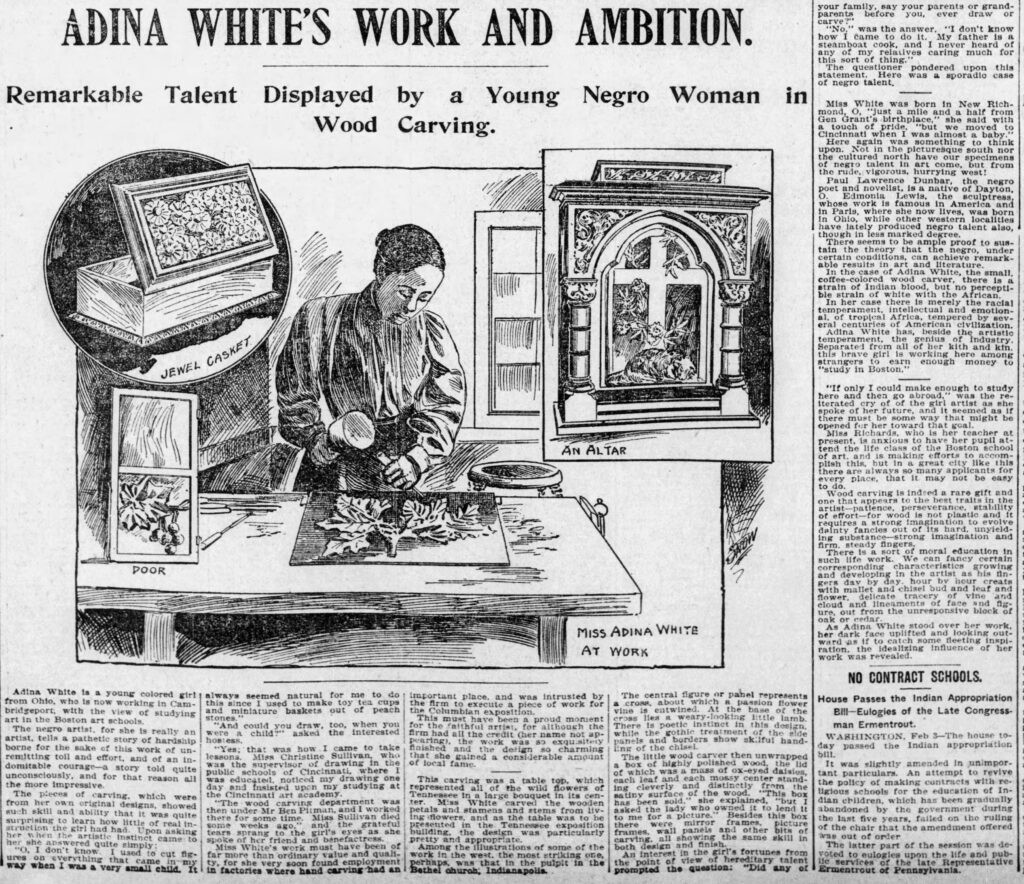 A newspaper clipping with an illustration of a young Black woman in a workshop
