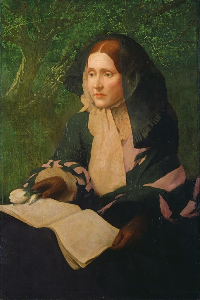 A painting of a young woman with red hair reading a book.