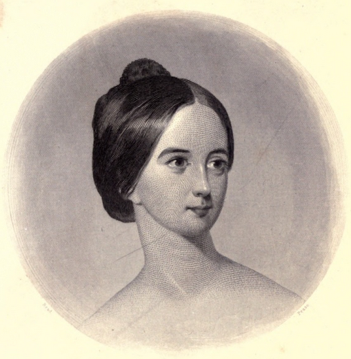 A black and white illustration of a young woman with her hair in a bun. 
