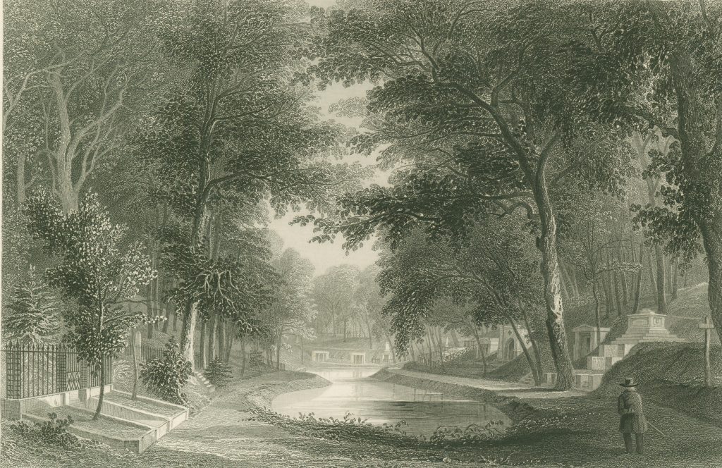 Cemetery landscape of pond surrounded with tall trees, tombs, and fences. Man with hat and cane on lower right looks towards the pond. 