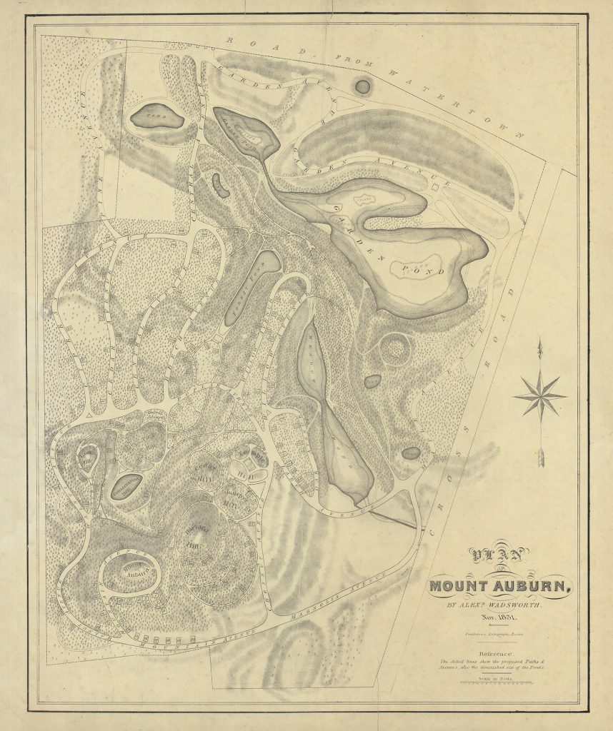 Topographical map showing original layout of Mount Auburn Cemetery with streets bordering the Cemetery, hills, trees, bodies of water, avenues, and lots within the Cemetery. To the right, are a compass rose and title “Plan of Mount Auburn.”