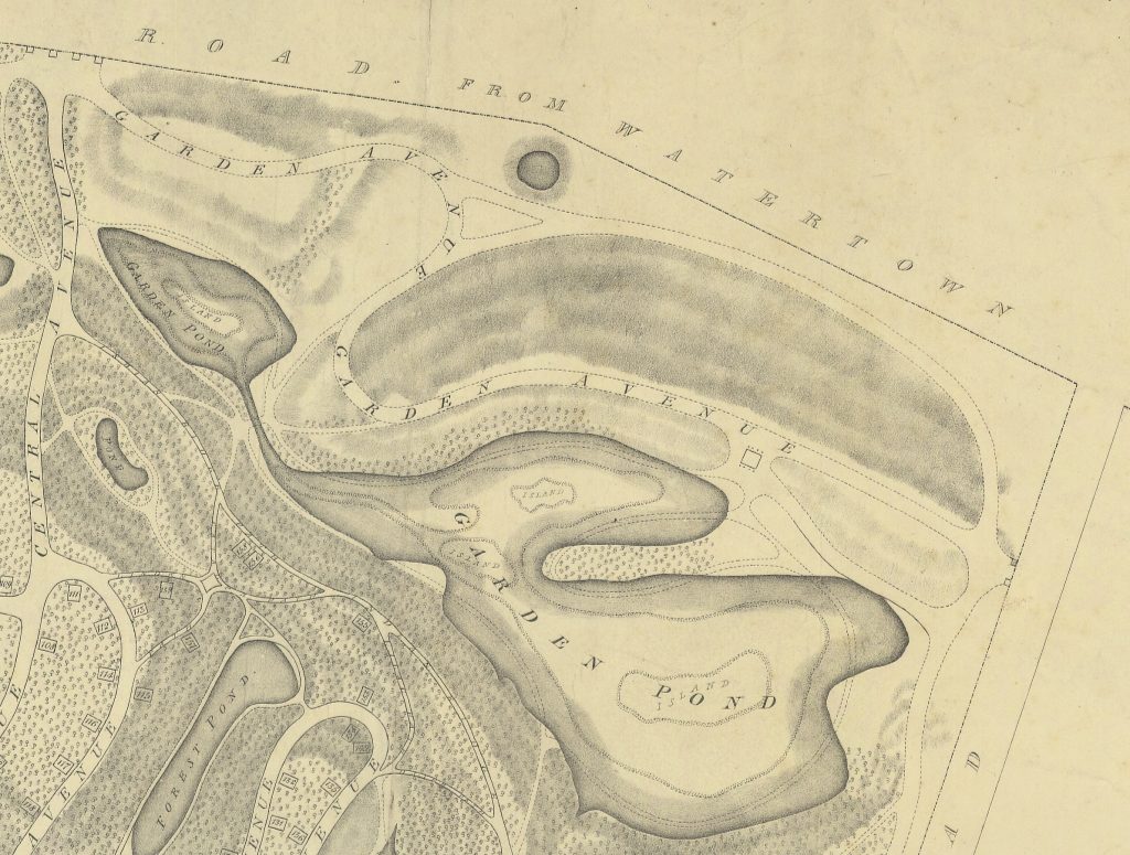 Alt Text: Detail of topographical map showing Cemetery entrance, roads with names, and large lobed water body named Garden Pond next to the location of the experimental garden.