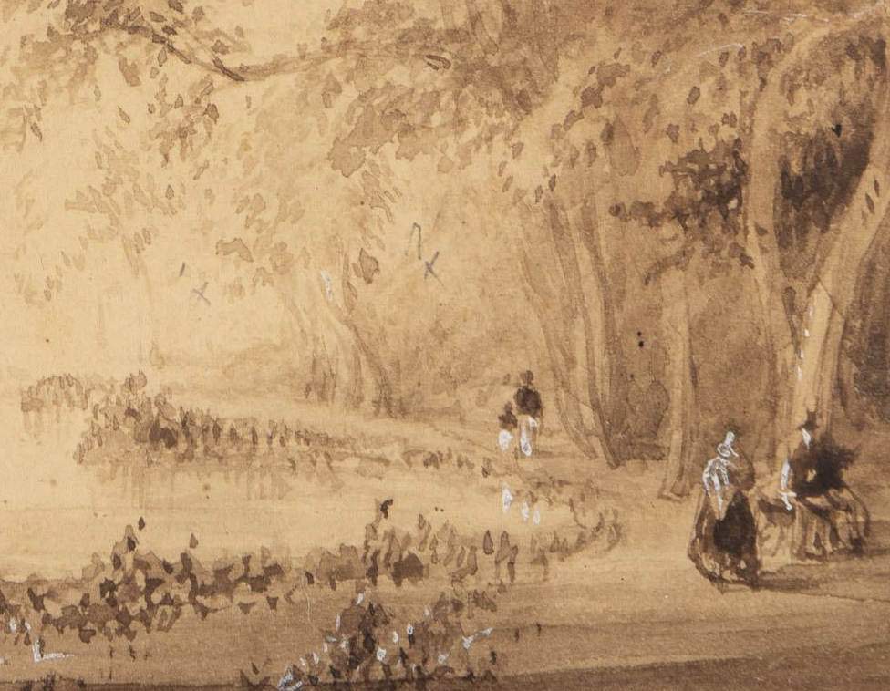 Detail of watercolor with two “x”s and an arrow in pencil notated on the hillside in between the trees. Four figures walk around the edge of the pond.