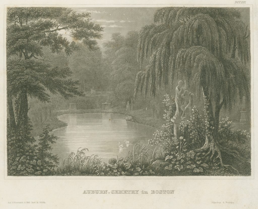 Engraving based on the same scene of Forest Pond. Added in foreground is a large weeping tree with an imagined monument of a seated angel and standing person.