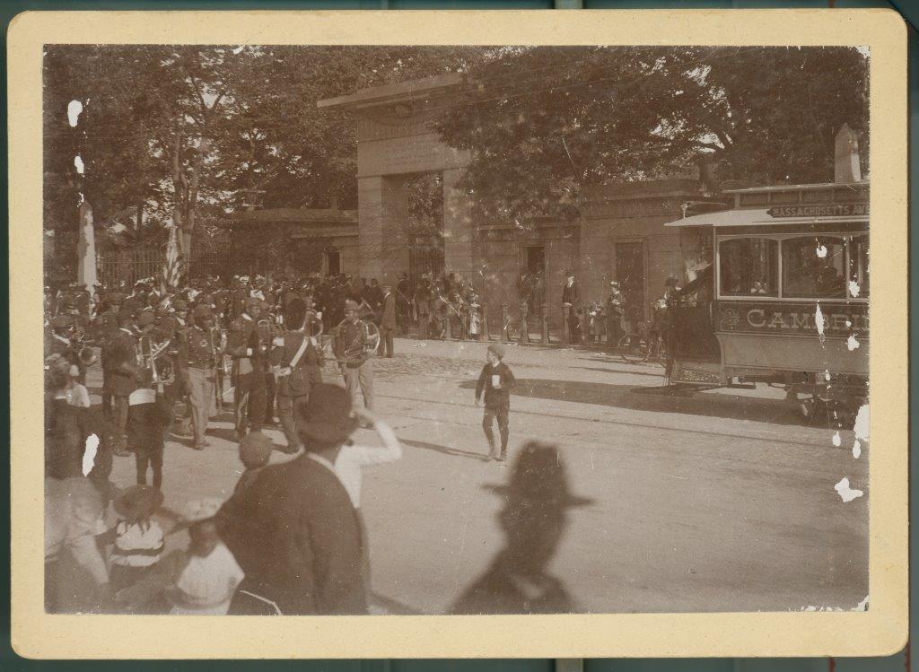 African American marching band at entrance to Mount Auburn Cabinet Card, c. 1880s
